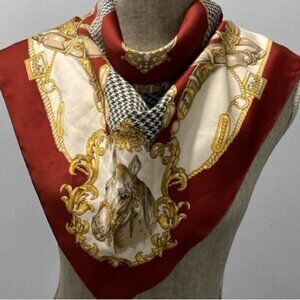 Vintage Scarf Horse Print Burgundy & Gold Houndstooth 34" Square